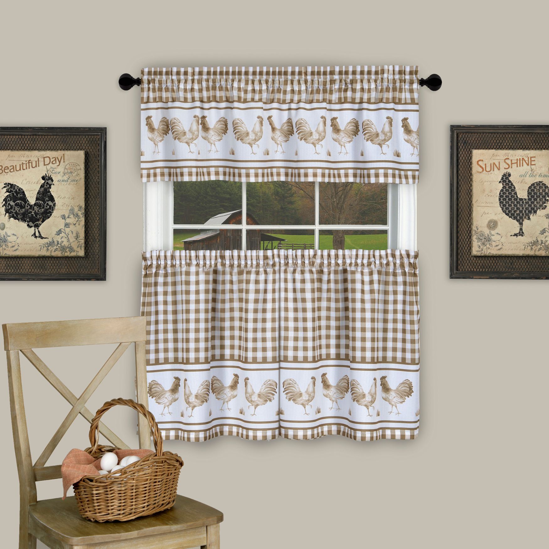 Barnyard Window Curtain Tier Pair and Valance Set, TAUPE, hi-res image number 0