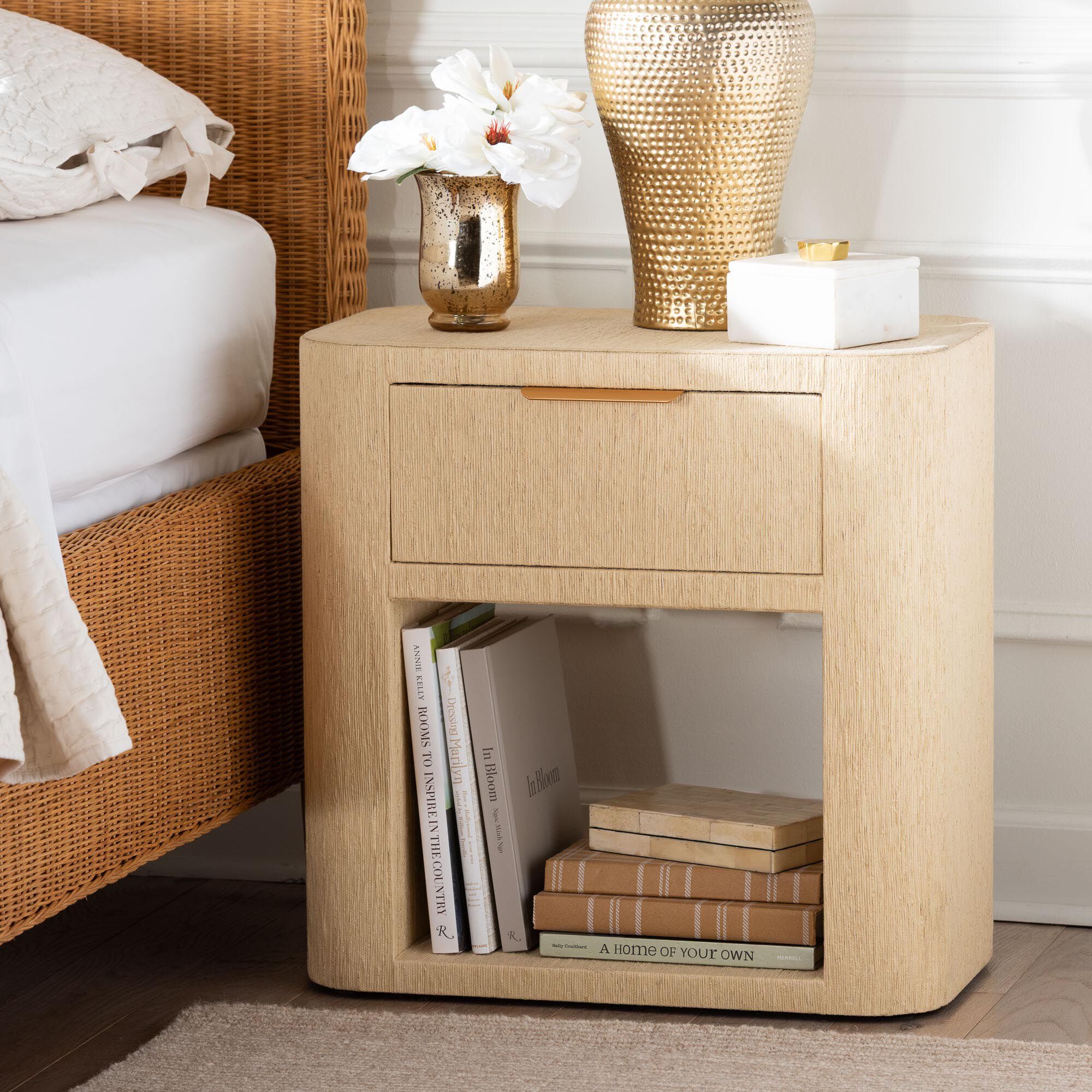 Beauford Grasscloth 1-Drawer Nightstand with Open Shelf, BROWN, hi-res image number 0