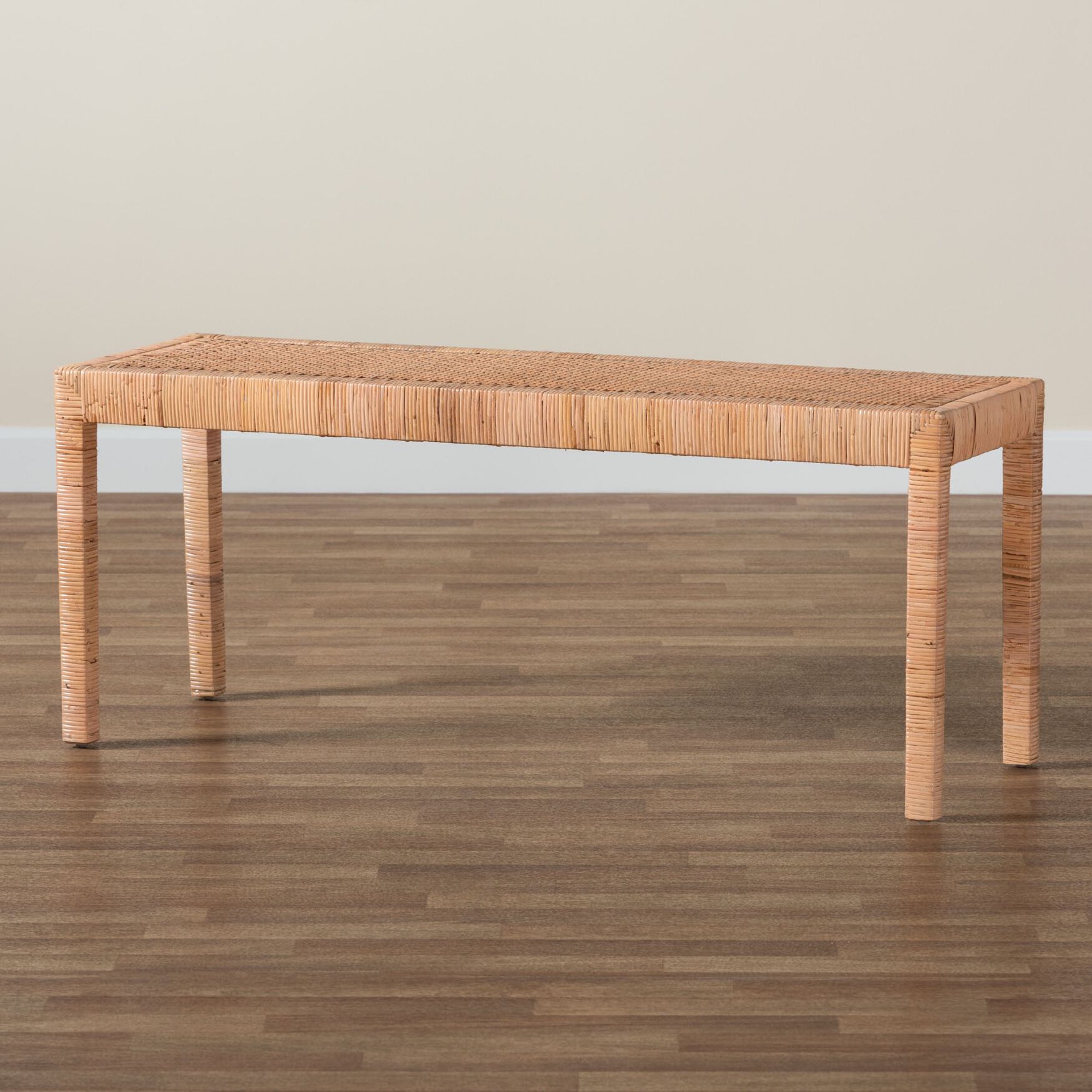 Abelia Modern Bohemian Natural Rattan And Mahogany Wood Long Accent Bench, , alternate image number 6