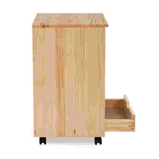 Side view of a light wood rolling storage cart with a drawer open.
