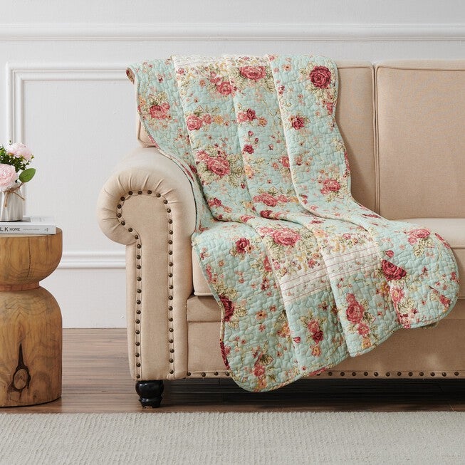 Antique Rose Throw Quilt, BLUE, hi-res image number null