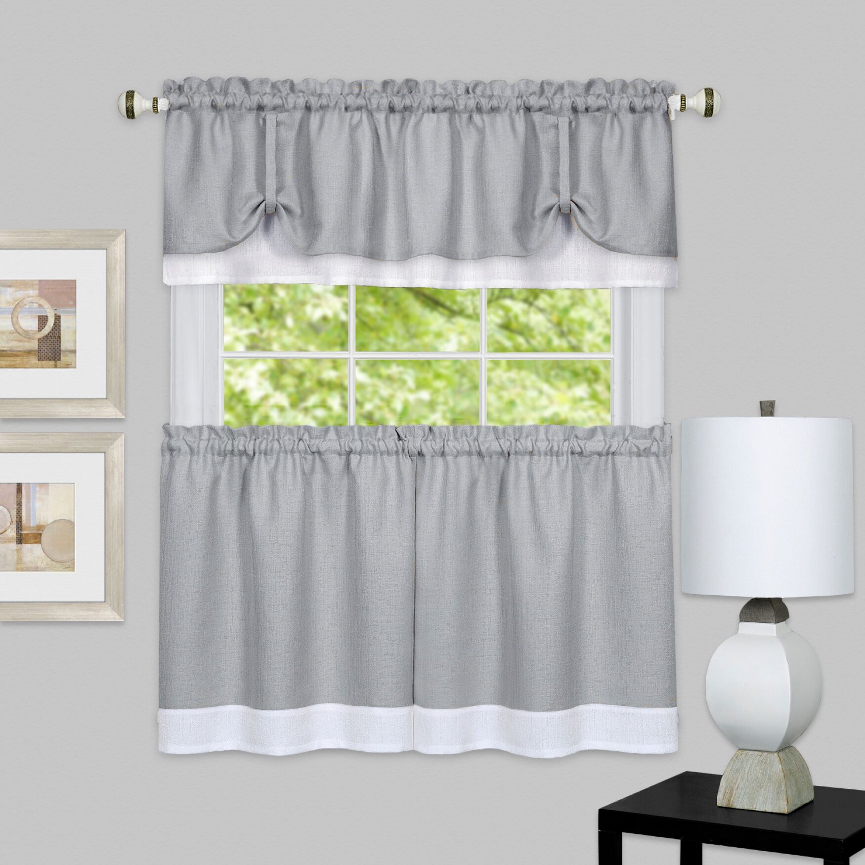 Darcy Window Curtain Tier and Valance Set, GREY WHITE, hi-res image number 0
