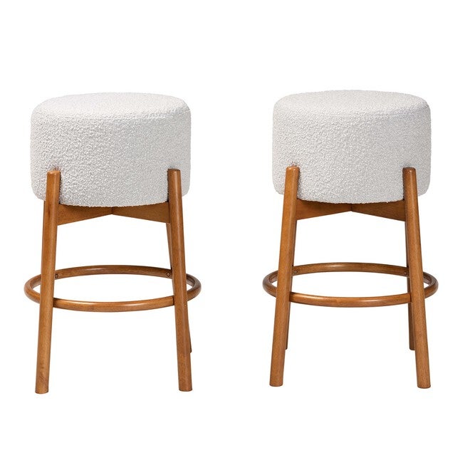 Olwen Modern Japandi Light Grey Boucle Fabric And Walnut Brown Finished Wood 2-Piece Bar Stool Set, , on-hover image number 1