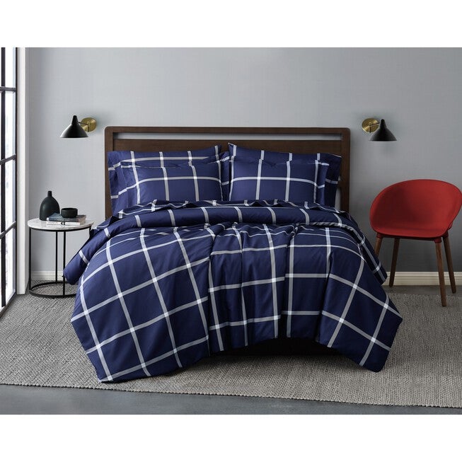Printed Windowpane 3-Piece Duvet Cover Set, NAVY WHITE, hi-res image number null