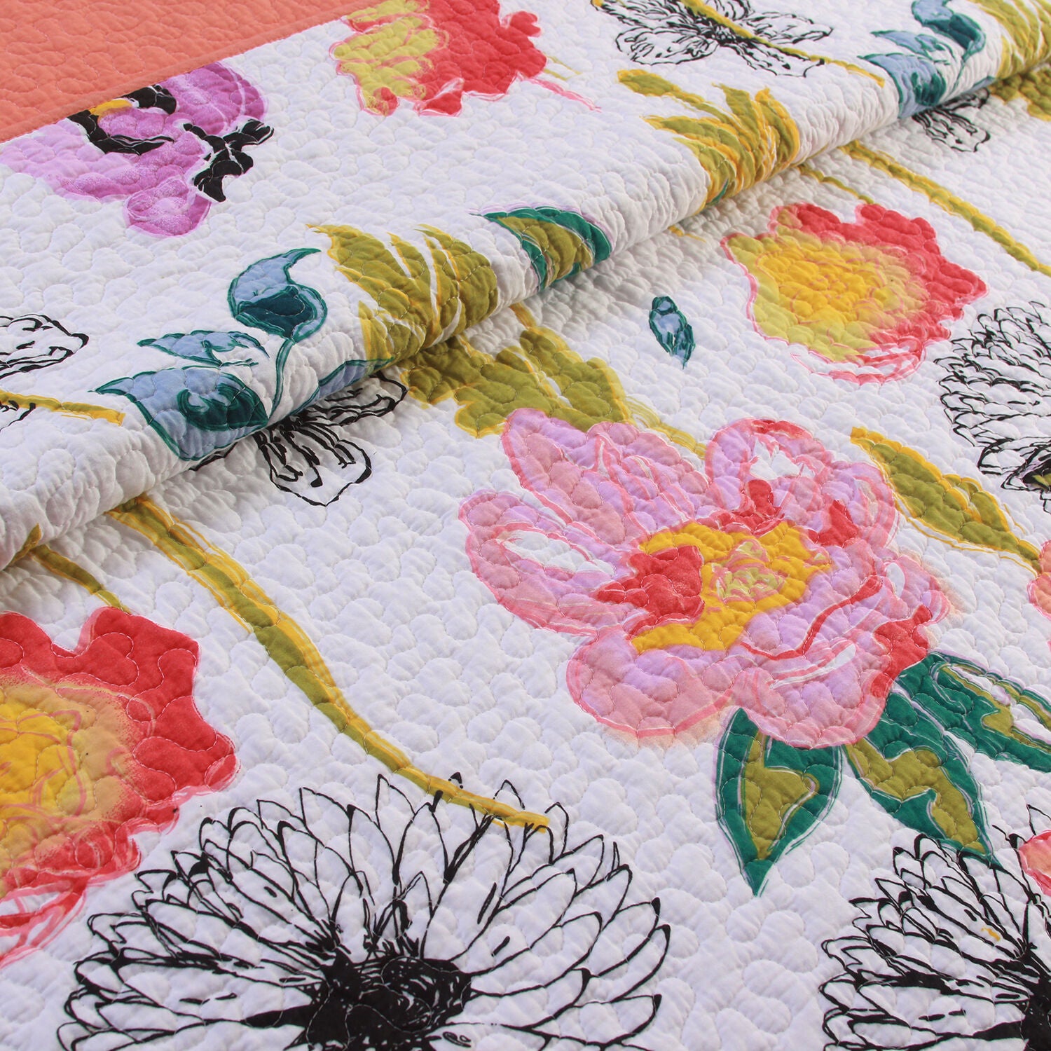 Watercolor Dream Modern Floral Quilted Throw Blanket, WHITE, alternate image number 4