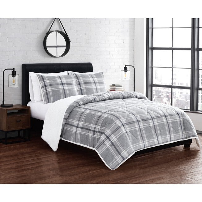 Cozy Teddy Plaid 3 Piece Comforter Set, GREY, hi-res image number null