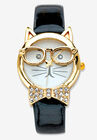 Gold Tone Bowtie Cat Watch with Adjustable Black Strap 8", BLACK, hi-res image number null