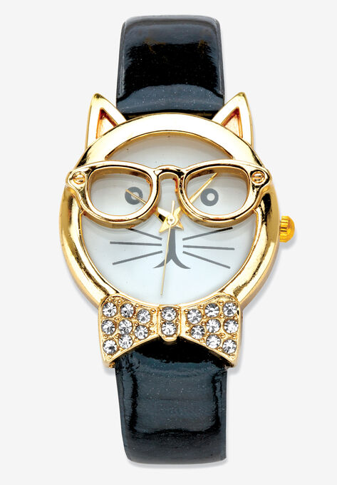 Gold Tone Bowtie Cat Watch with Adjustable Black Strap 8", BLACK, hi-res image number null