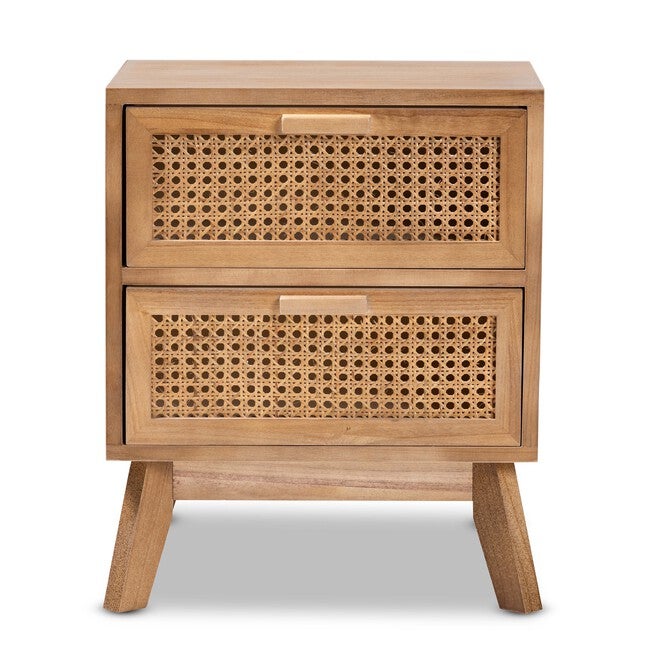 Baden Mid-Century Modern Walnut Brown Finished Wood 2-Drawer Nightstand With Rattan, , alternate image number 2