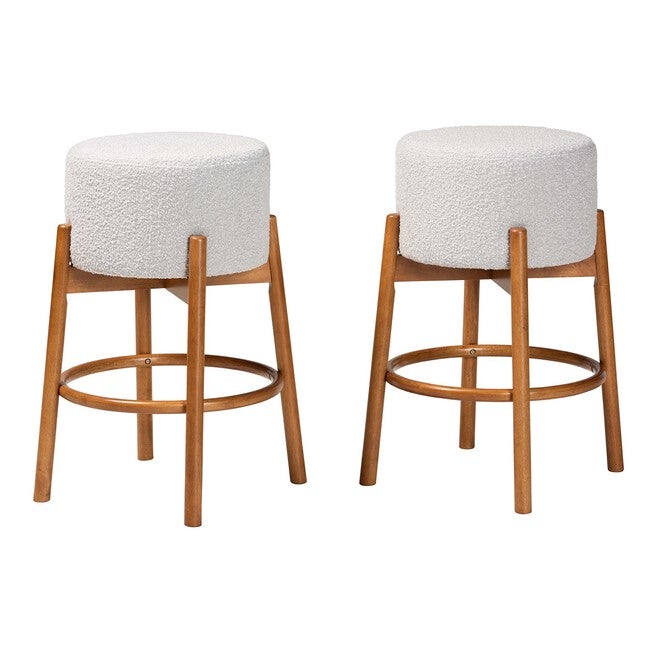 Olwen Modern Japandi Light Grey Boucle Fabric And Walnut Brown Finished Wood 2-Piece Bar Stool Set, LIGHT GREY WALNUT, hi-res image number 0