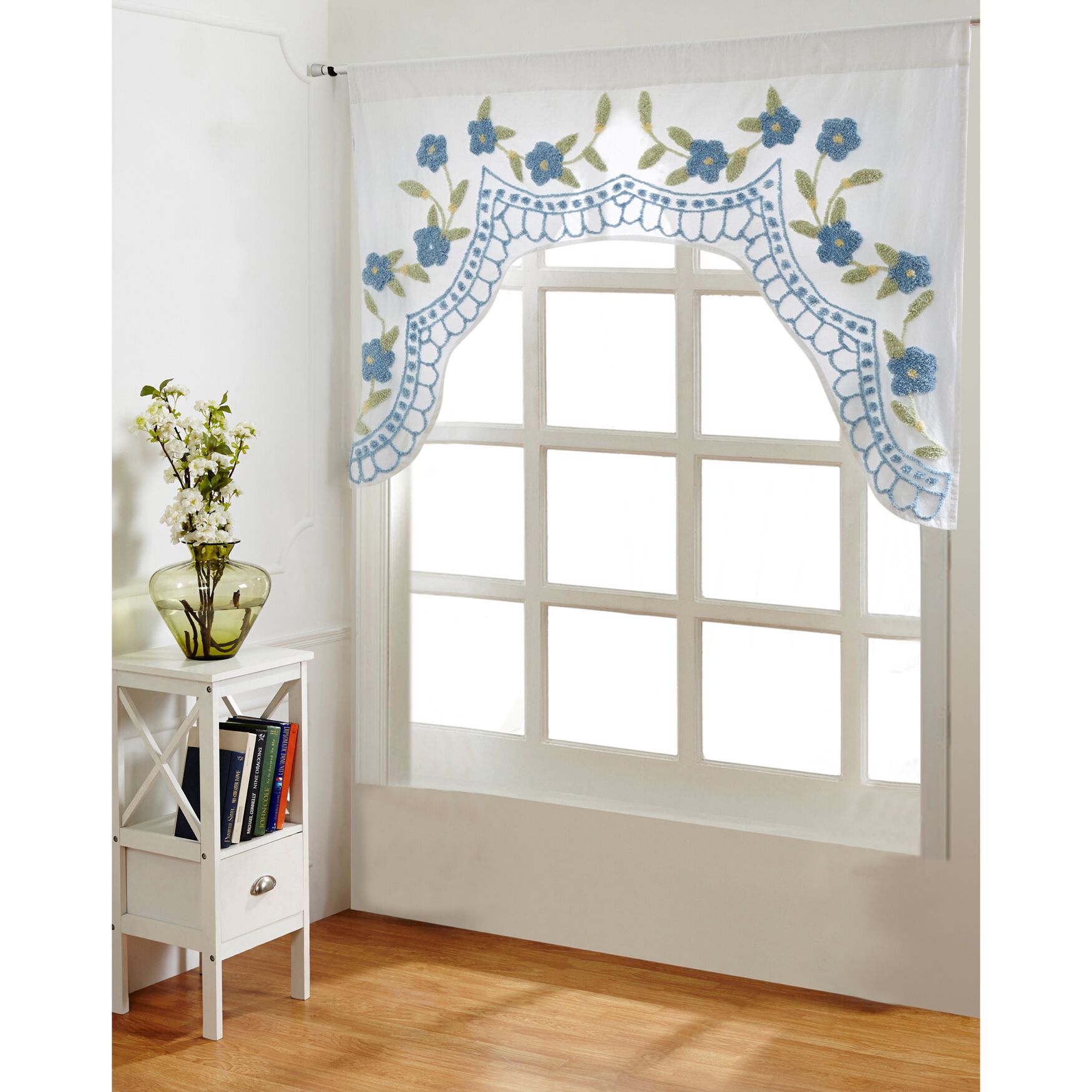 Bloomfield Collection in Floral Design 100% Cotton Tufted Chenille Valance , BLUE, hi-res image number 0
