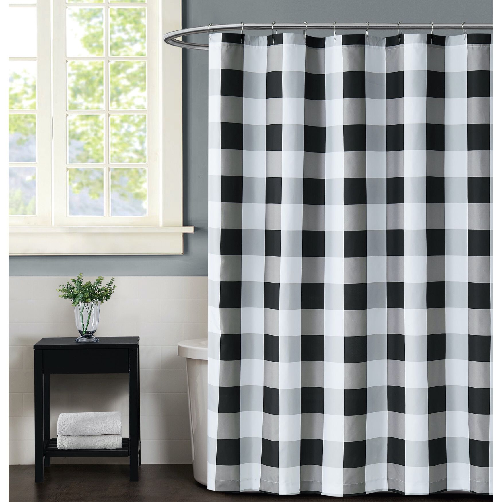 Everyday Buffalo Plaid Shower Curtain, BLACK, hi-res image number 0