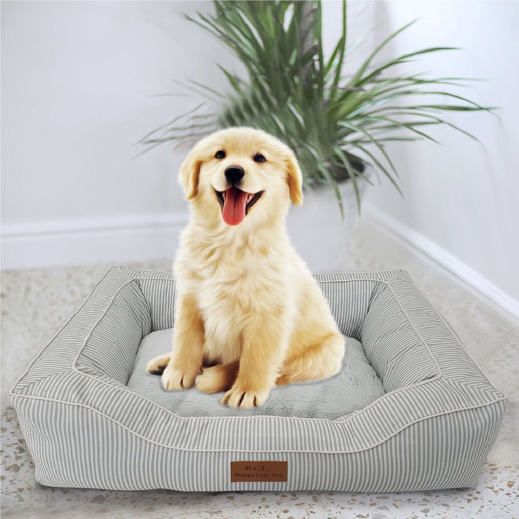 Stripe Printing poly-cotton bolster with detachable faux fur cushion Medium Size, STRIPE GREY, hi-res image number 0