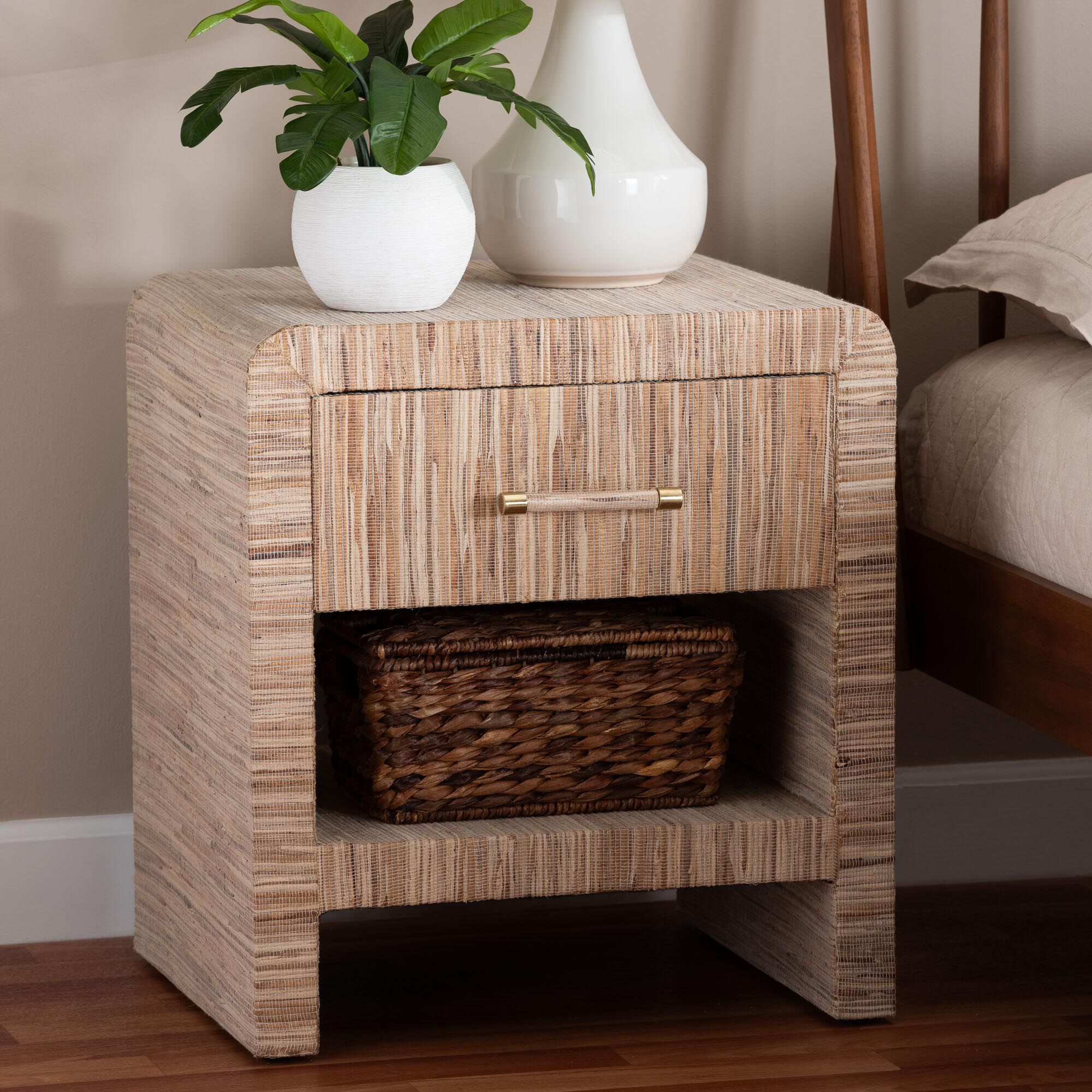 Callan Bohemian Woven Natural Grasscloth 1-Drawer Nightstand, NATURAL/GOLD, hi-res image number 0