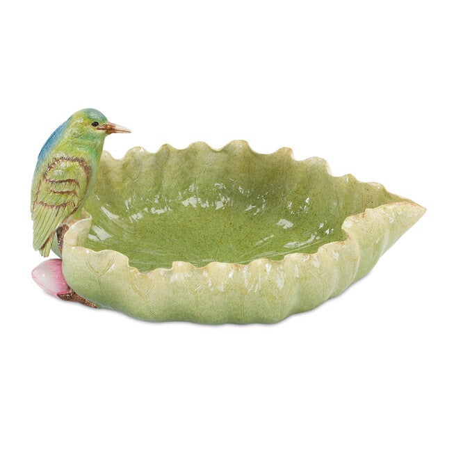 Stone Leaf Bird Bath With Hummingbird Accent 10 inchesL, GREEN, hi-res image number 0