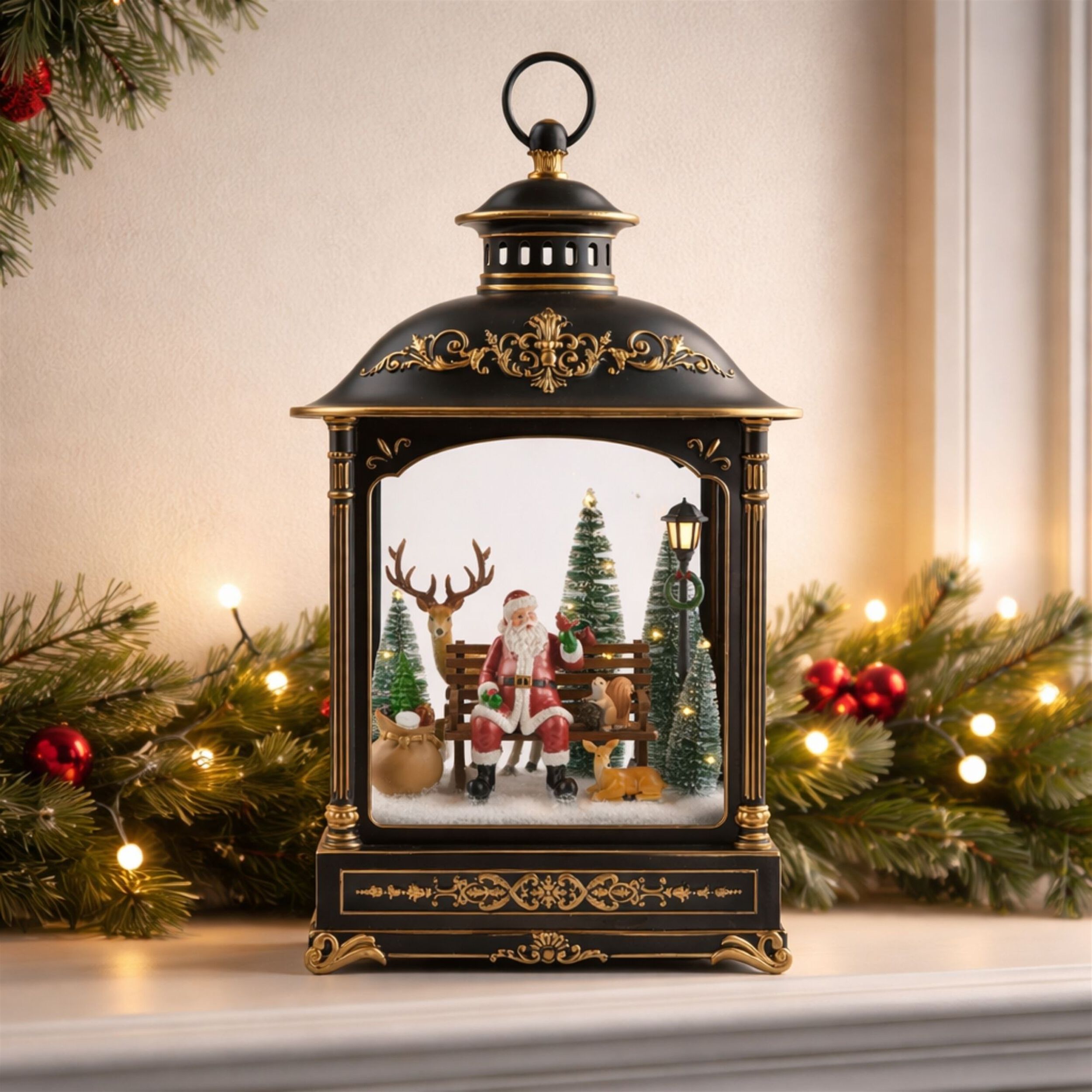 LED Lantern Scene with Santa and Woodland Animals 17.5 inchesH, BLACK. GOLD, alternate image number 1