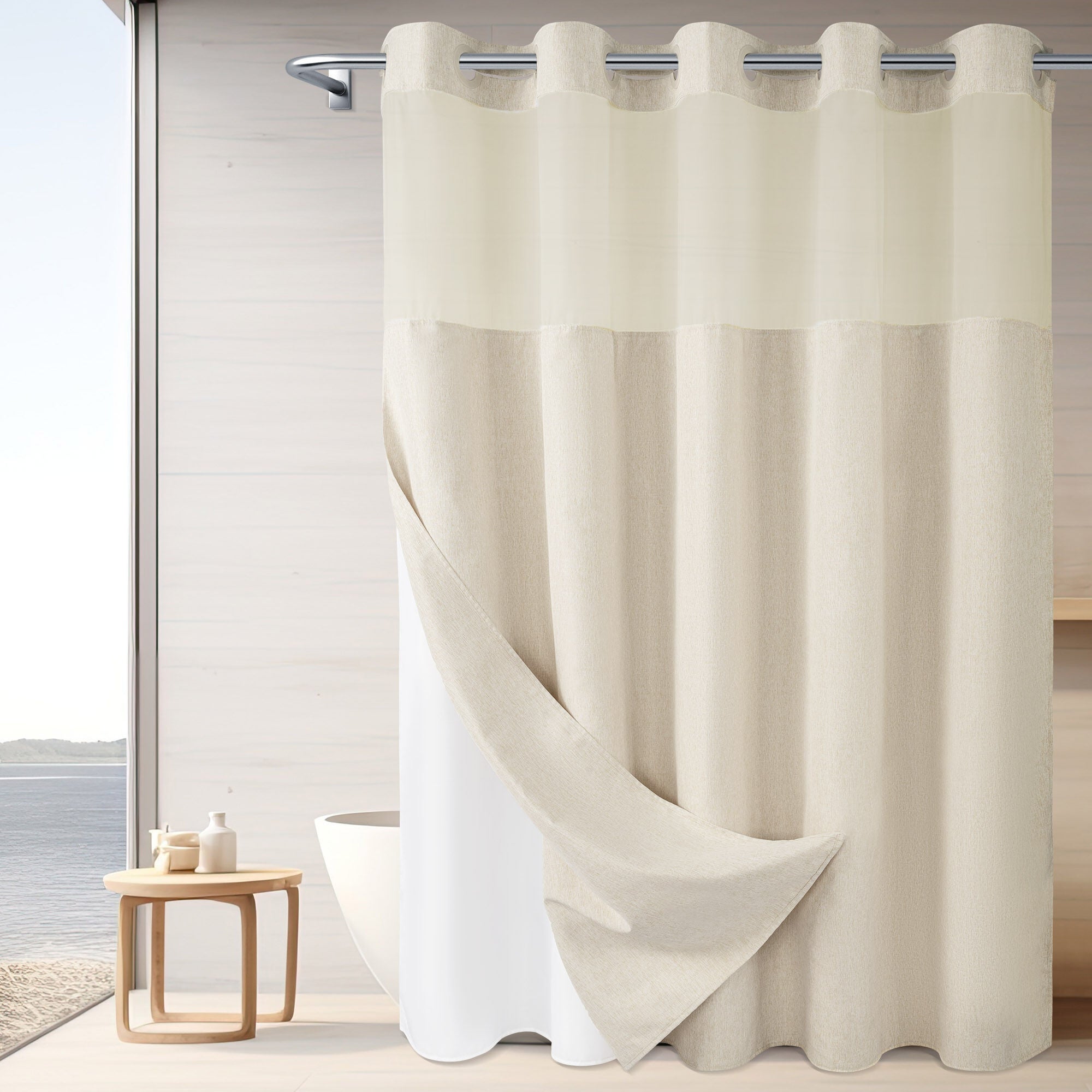 No Hook Linen Texture Shower Curtain with Snap-in Liner, CREAM, alternate image number 2