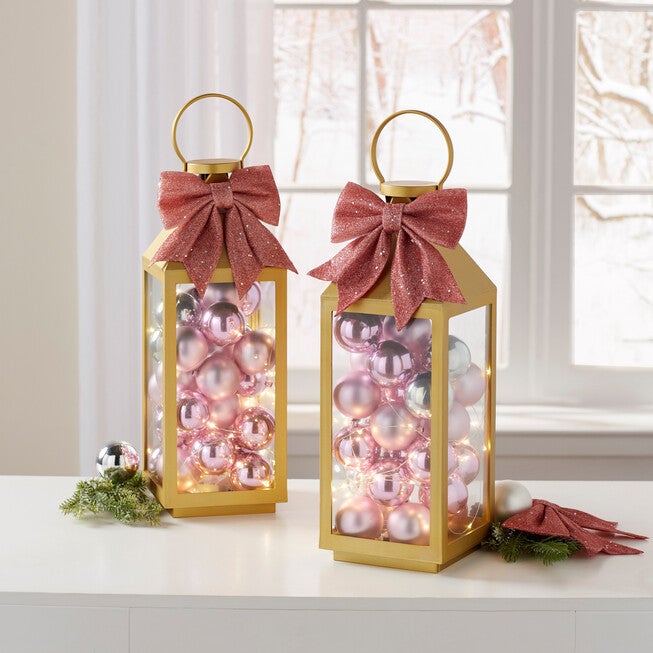 19 inchesH Gold Lantern with Ornaments, GOLD PINK, hi-res image number 0