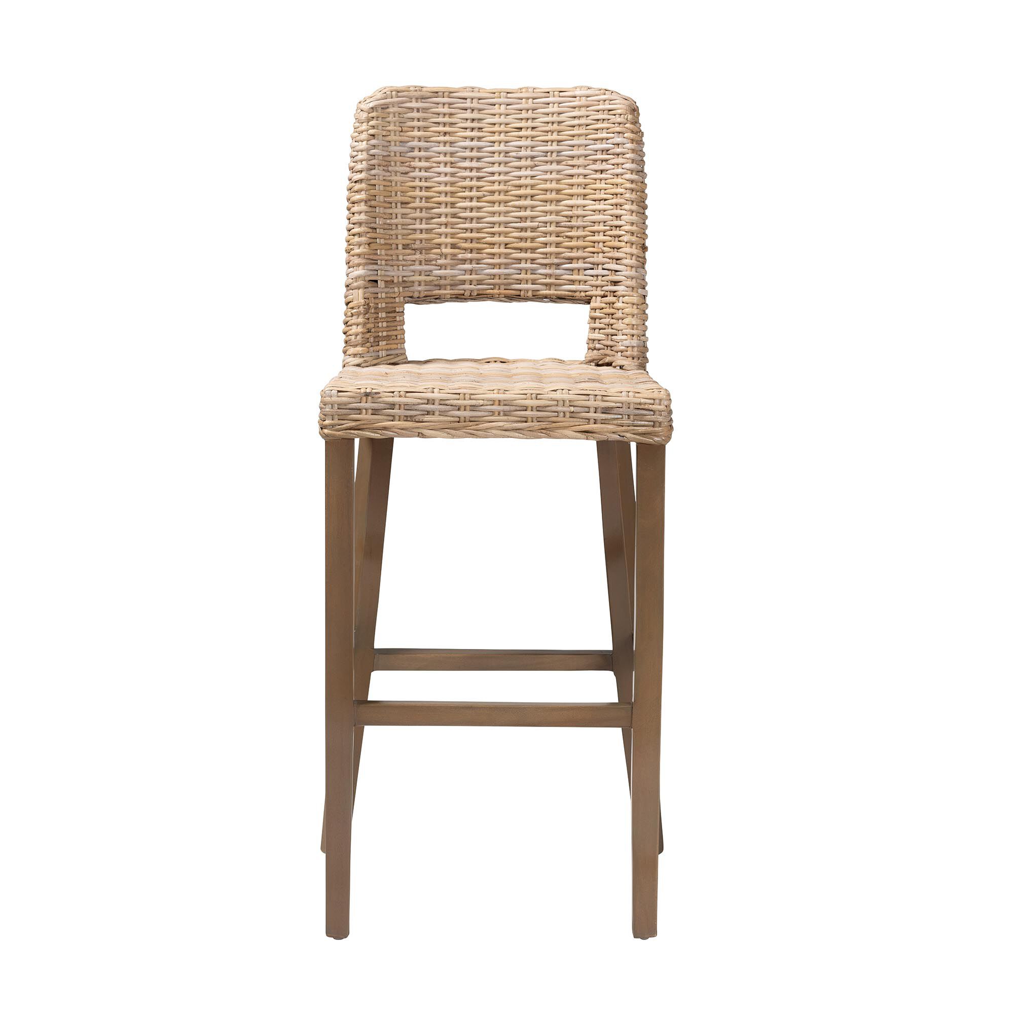 Magy Modern Bohemian Grey Kubu Rattan and Mahogany Wood Bar Stool, GREY, alternate image number 3