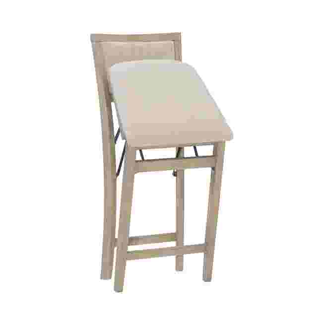 Grey wash folding bar stool with the seat tilted forward