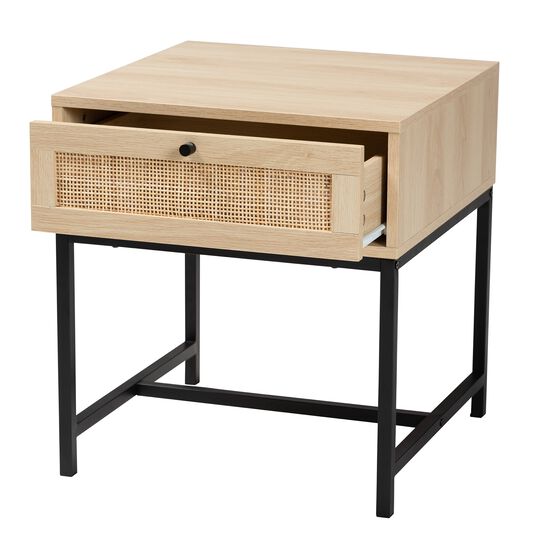 Caterina Mid-Century Modern Transitional Natural Brown Finished Wood And Natural Rattan 1-Drawer Nightstand, , on-hover image number null