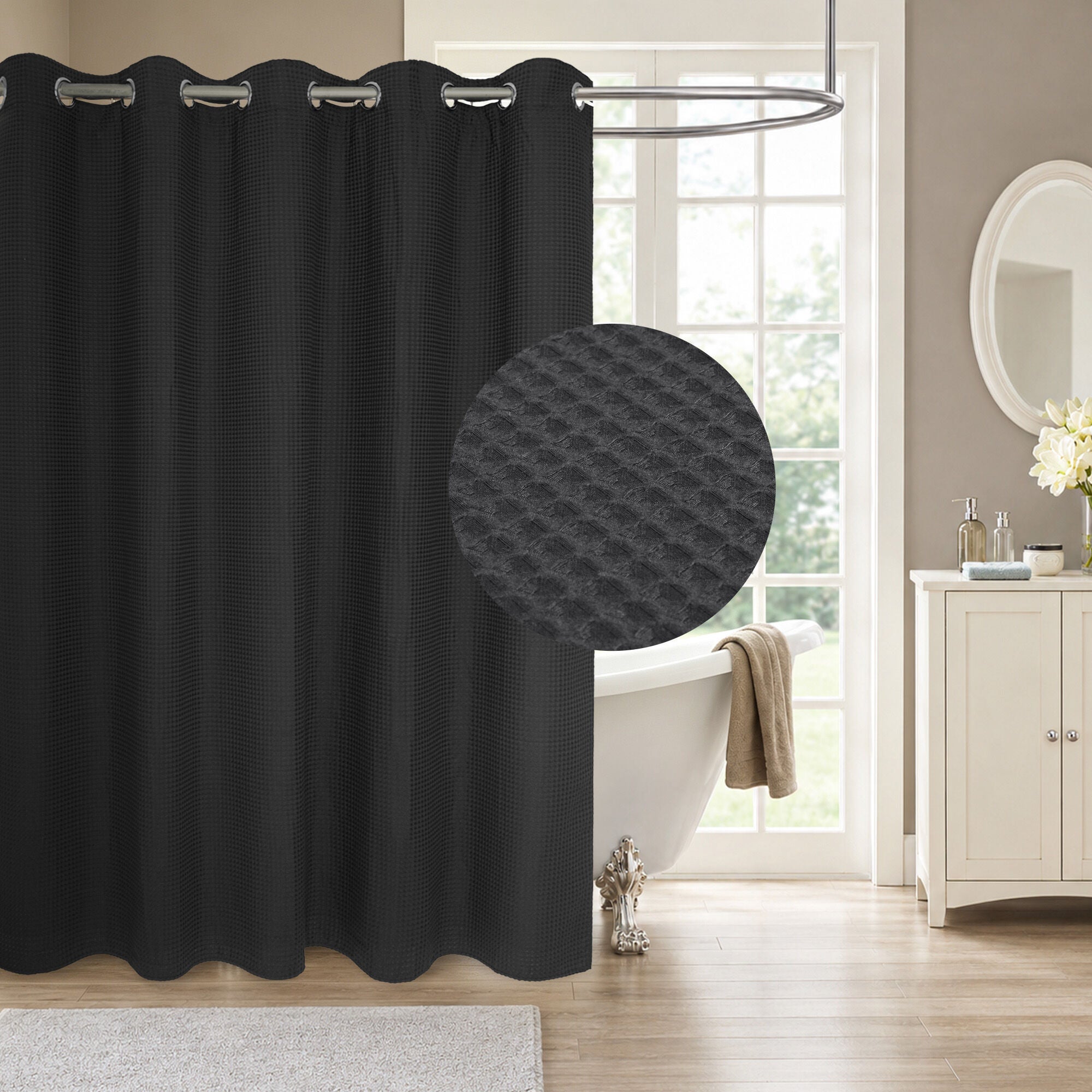 No Hook Cotton Blend Waffle Woven Shower Curtain with Snap-in Liner, BLACK, hi-res image number 0