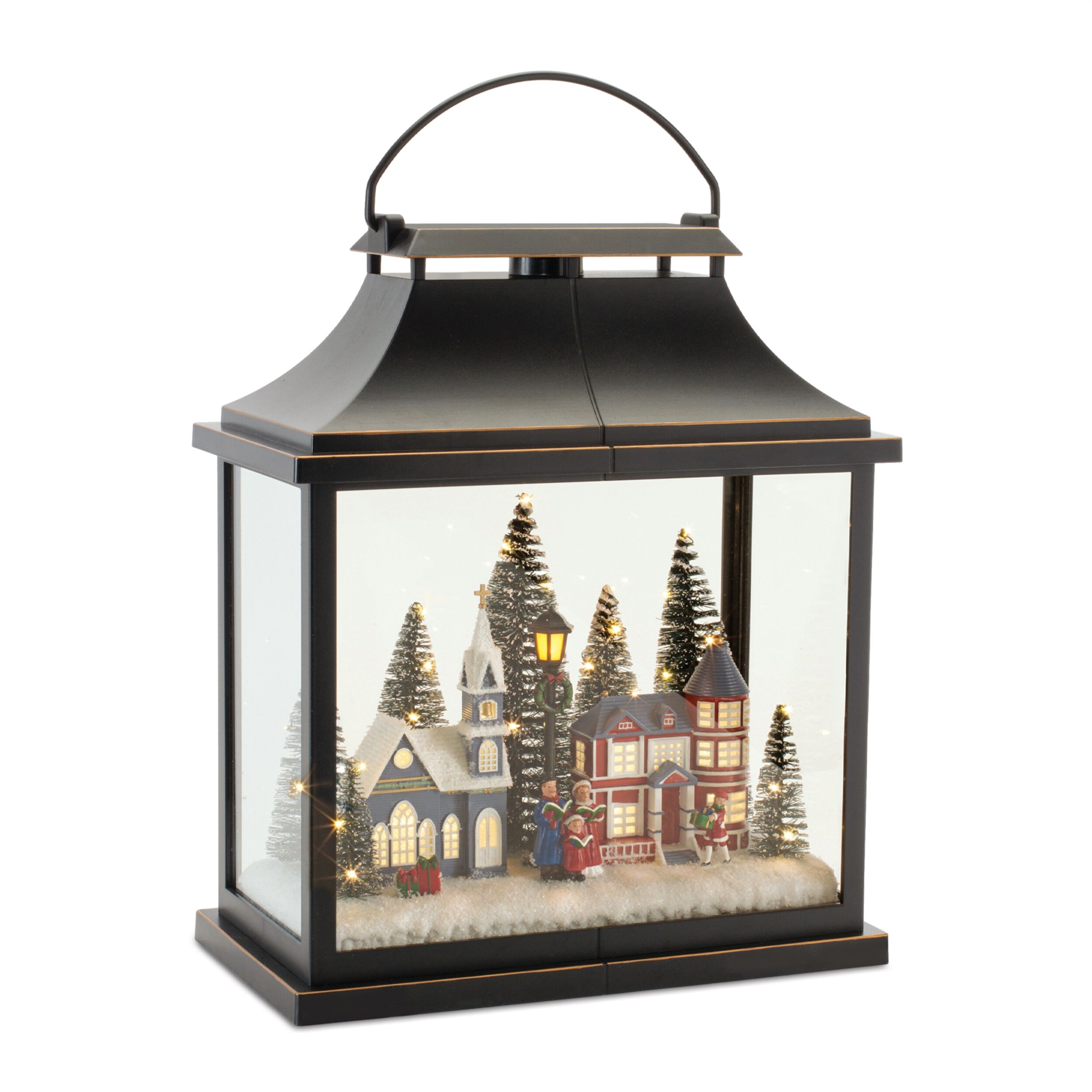 LED Lantern Scene with Village and Carolers 16 inchesH, BLACK GOLD RED, hi-res image number 0