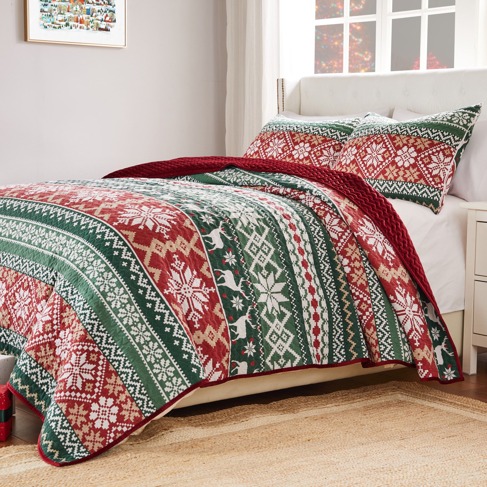 Fair Isle Festive Winter Holiday Finely Stitched Quilt Set, RED, alternate image number 1