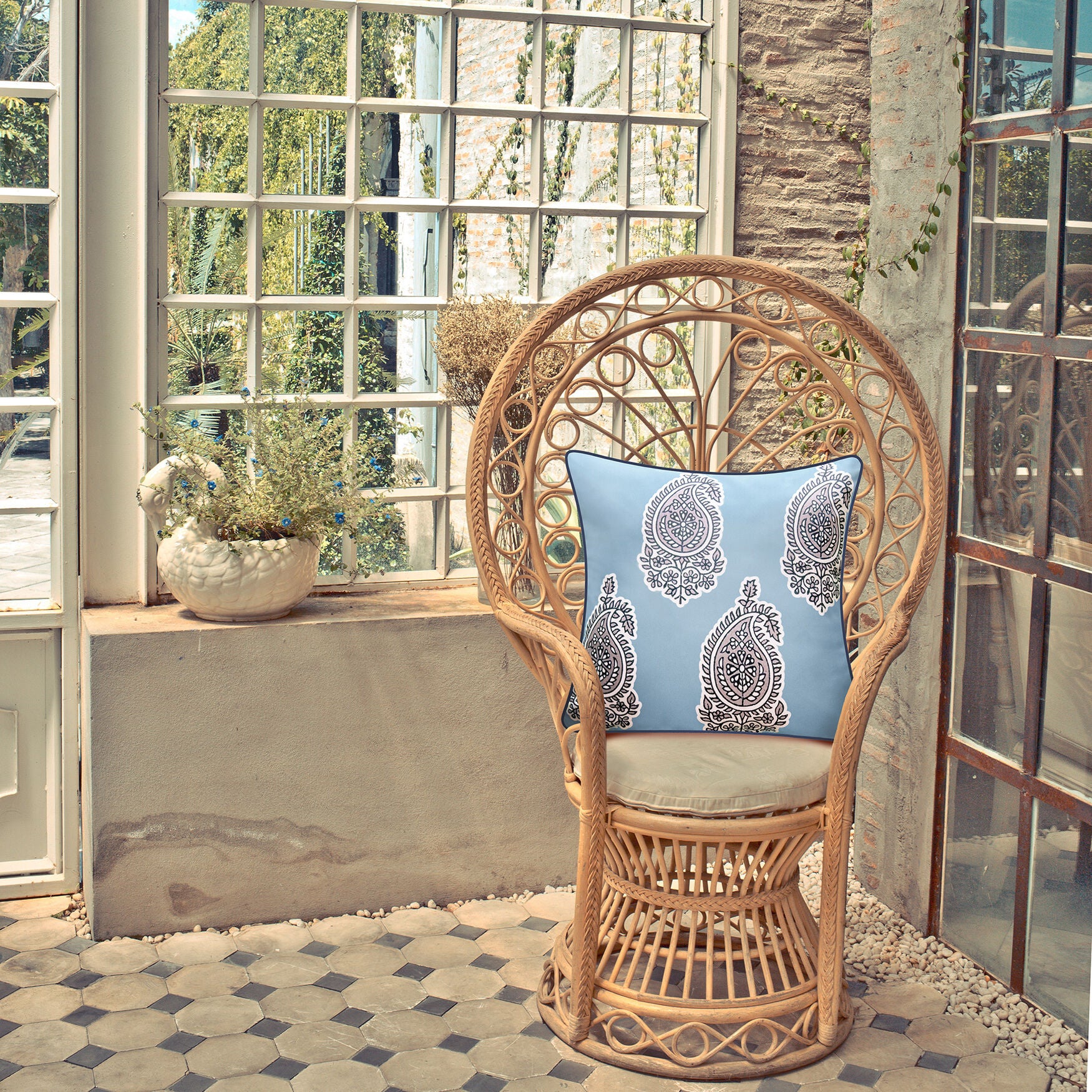 Indoor/Outdoor Reversible Jaipur Print Decorative Throw Pillow 18X18, Turq/Leaf, , alternate image number 9