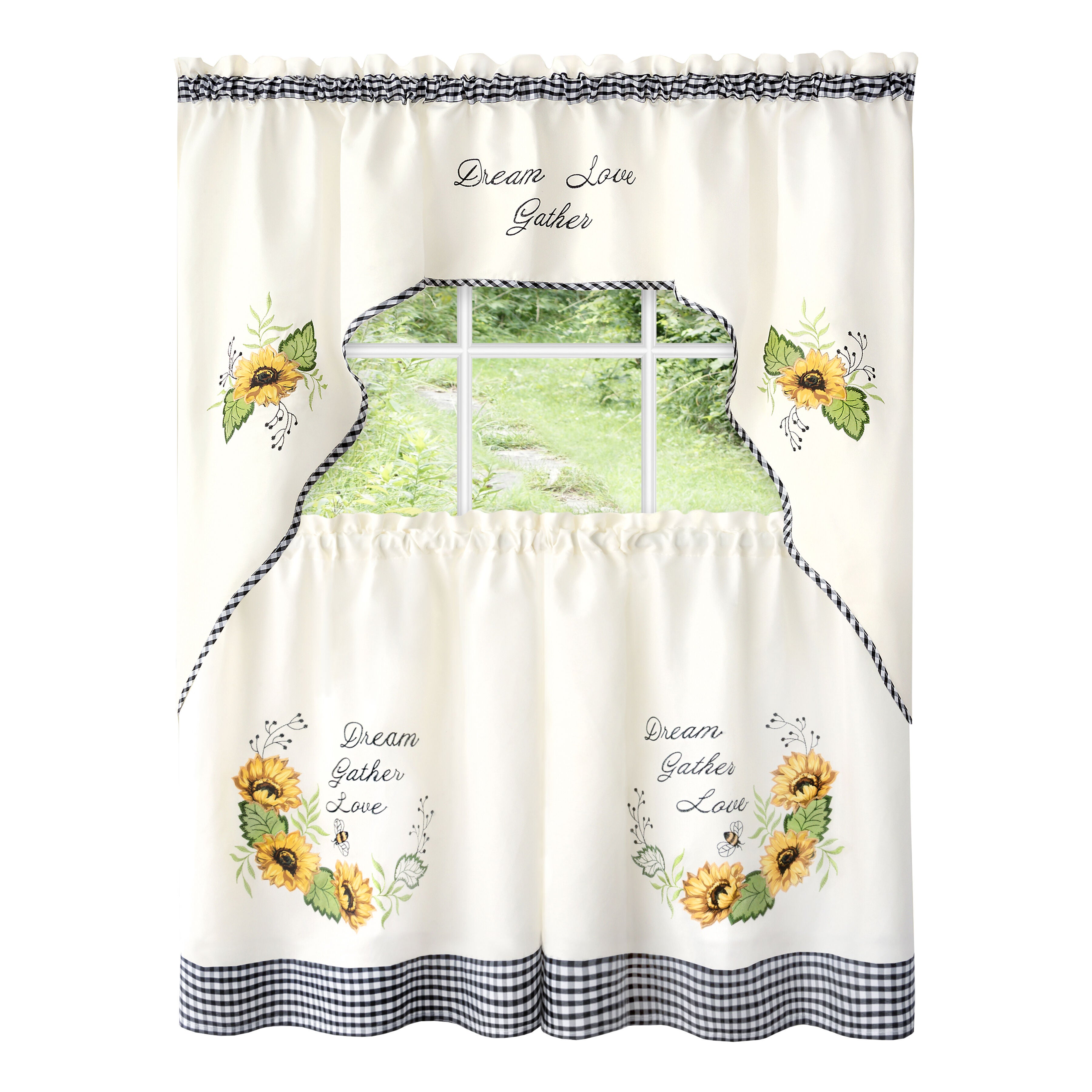 Sunflower Picnic Embellished Tier and Swag Curtain Set, BLACK WHITE, alternate image number 1