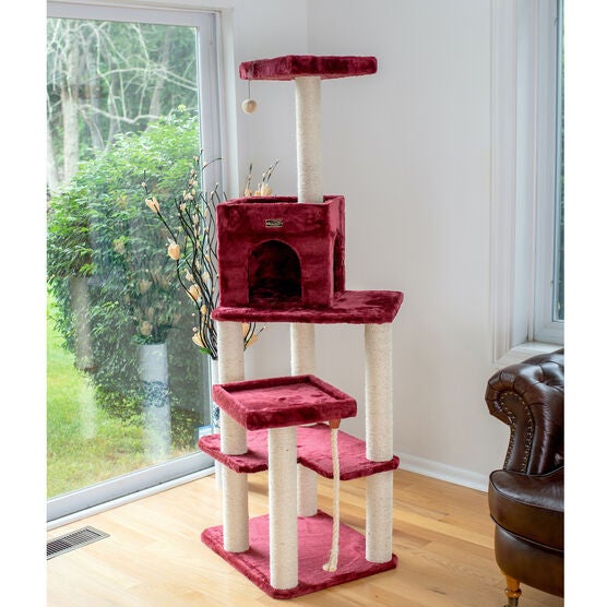 Real Wood 69" Faux Fur Covered Cat Condo House Tower, , on-hover image number null