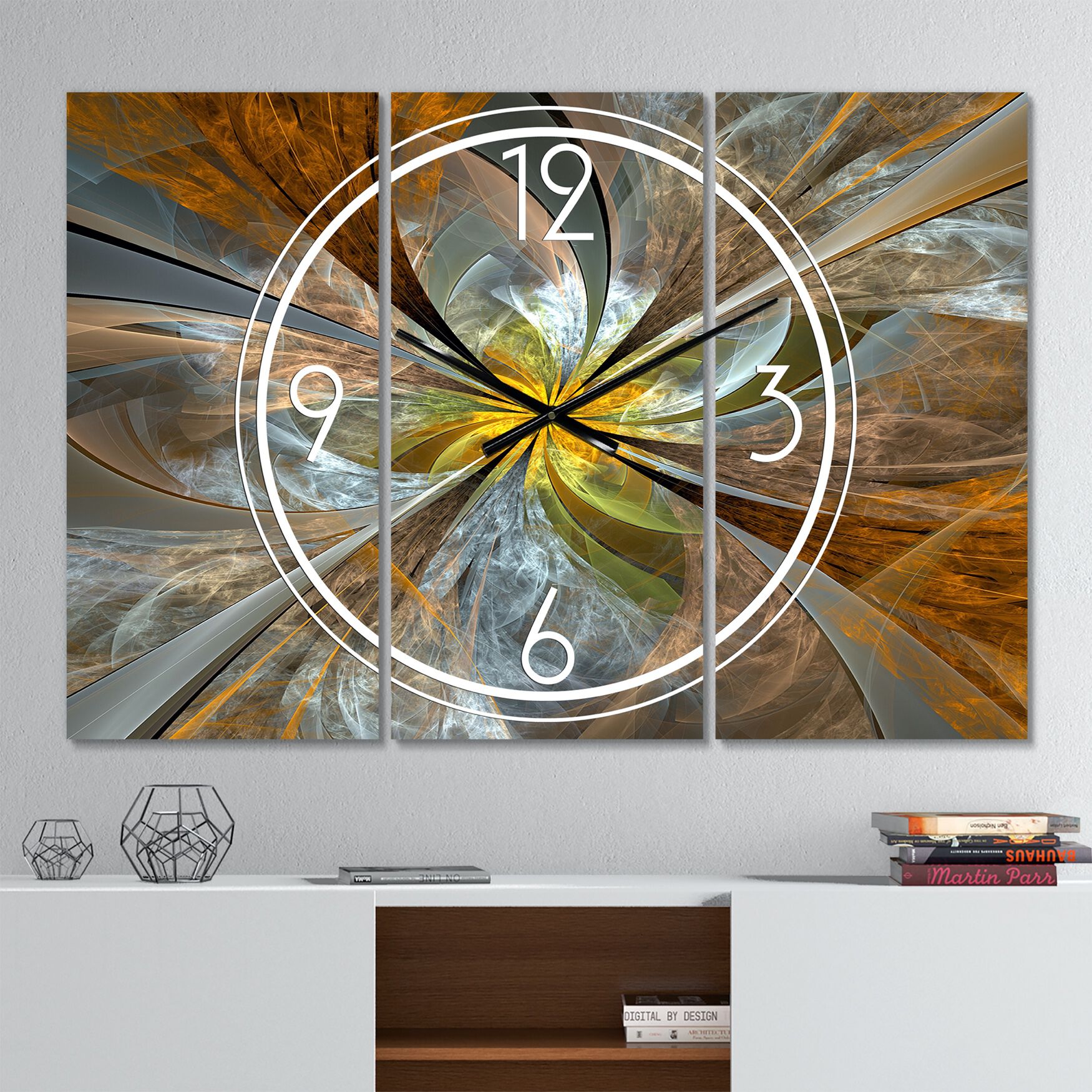 Symmetrical Yellow Fractal Flower Modern Multipanel Wall Clock, YELLOW, hi-res image number 0