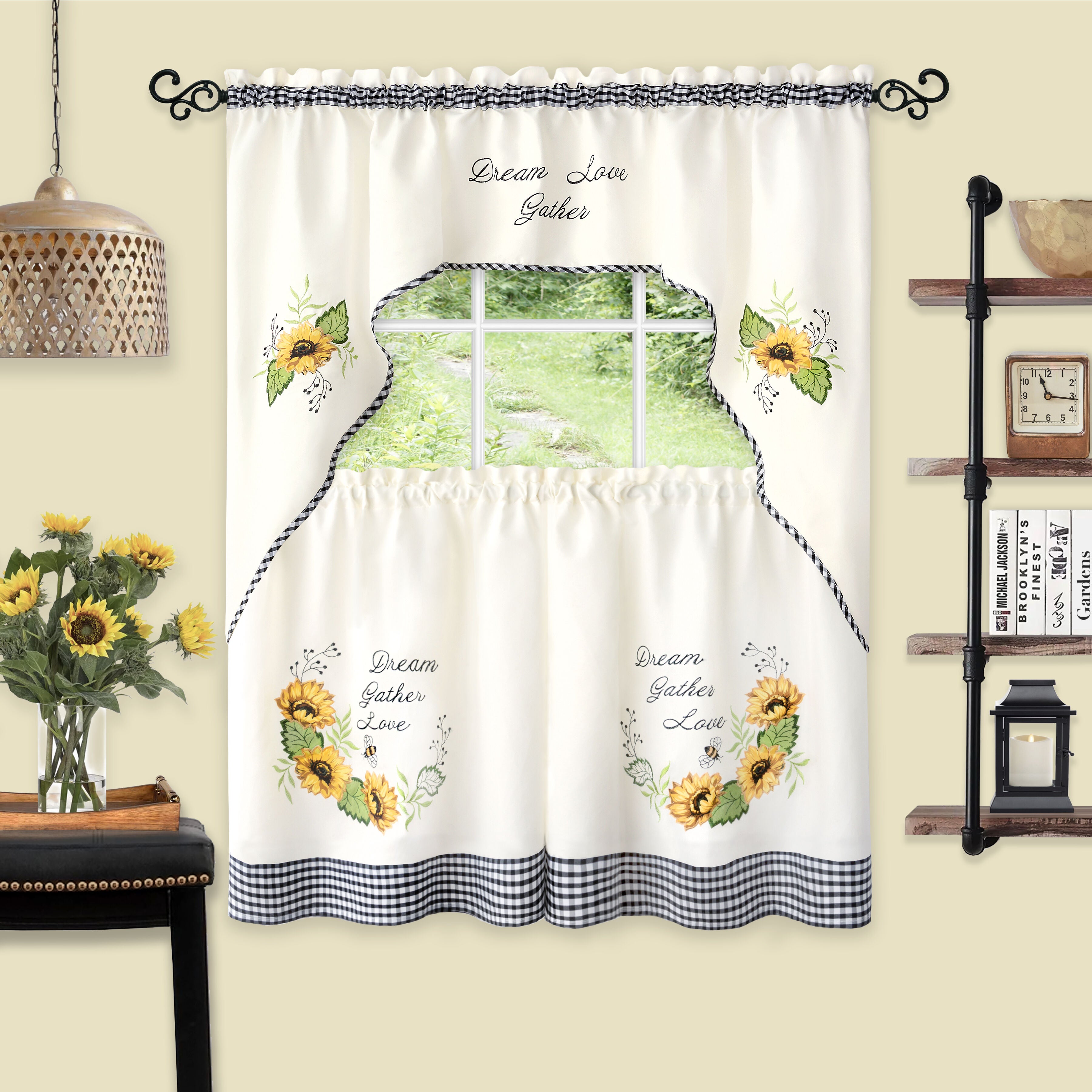 Sunflower Picnic Embellished Tier and Swag Curtain Set, BLACK WHITE, hi-res image number 0