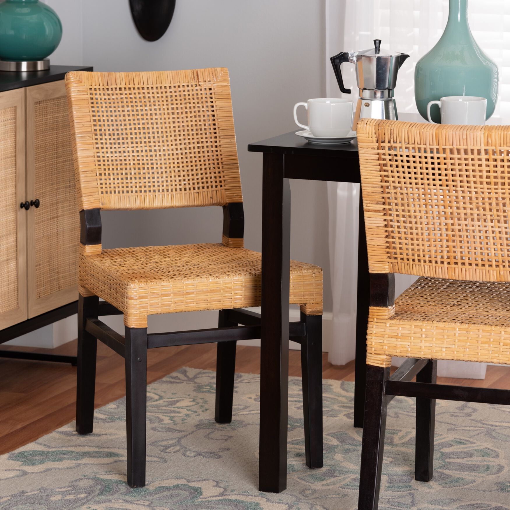 Lesia Modern Bohemian Natural Brown Rattan and Espresso Brown Mahogany Wood Dining Chair, , alternate image number 13