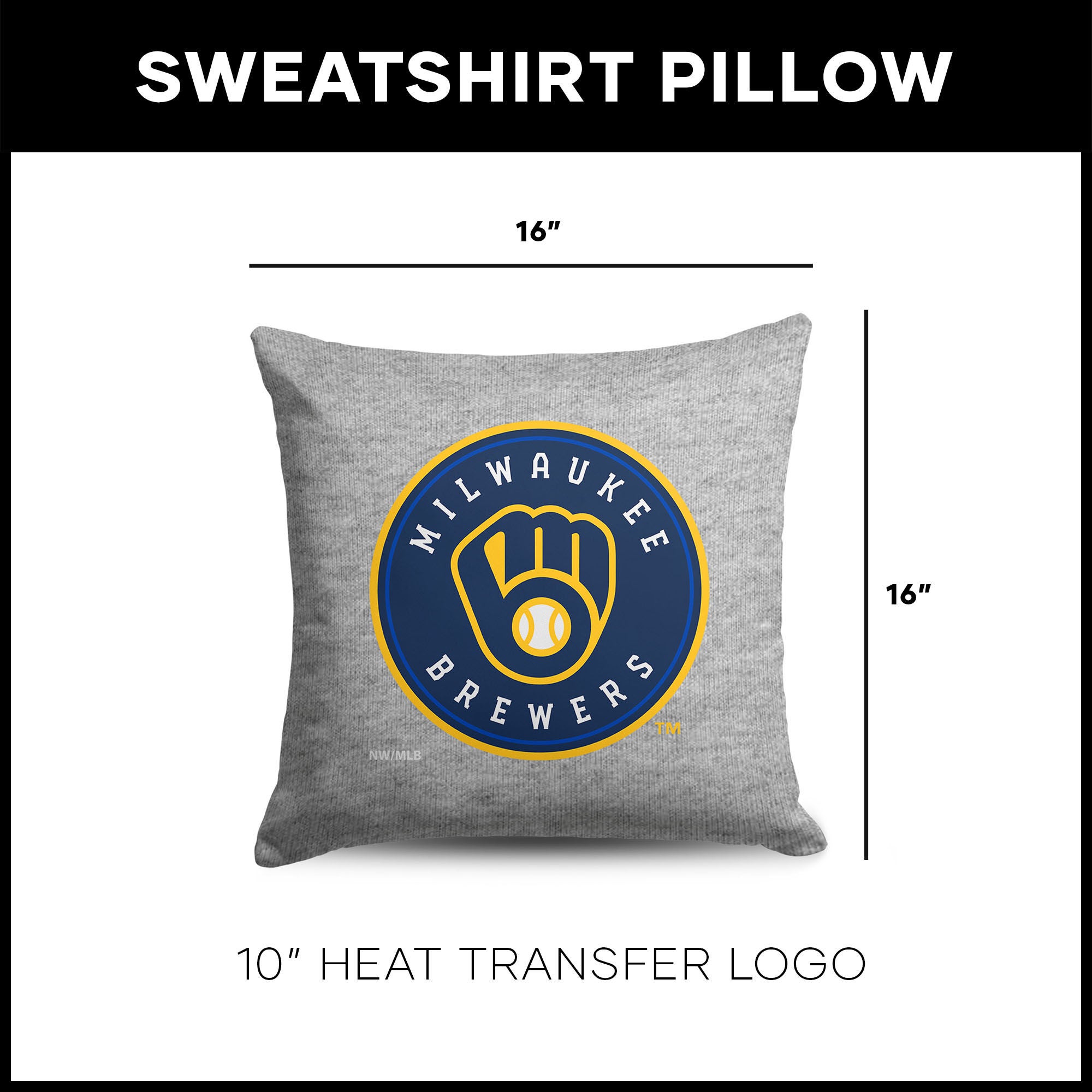 Milwaukee Brewers MLB Primary Sweatshirt PIllow 16 Inches, GRAY, alternate image number 4