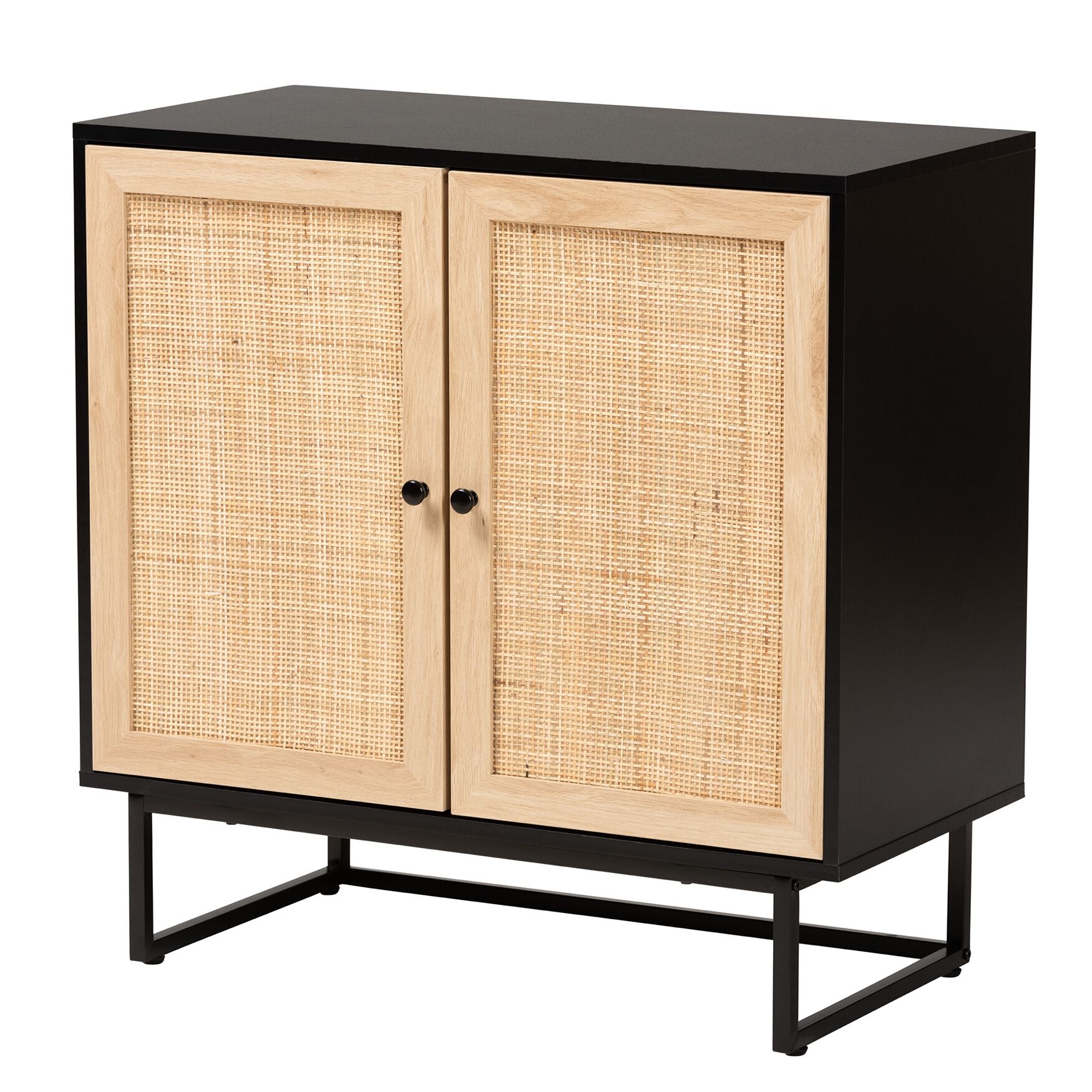 Declan Mid-Century Modern Espresso Brown Finished Wood And Natural Rattan 2-Door Storage Cabinet, ESPRESSO BROWN BLACK, hi-res image number 0