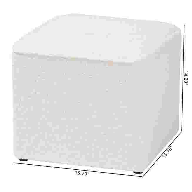 Ivory boucle upholstered ottoman with dimensions labeled