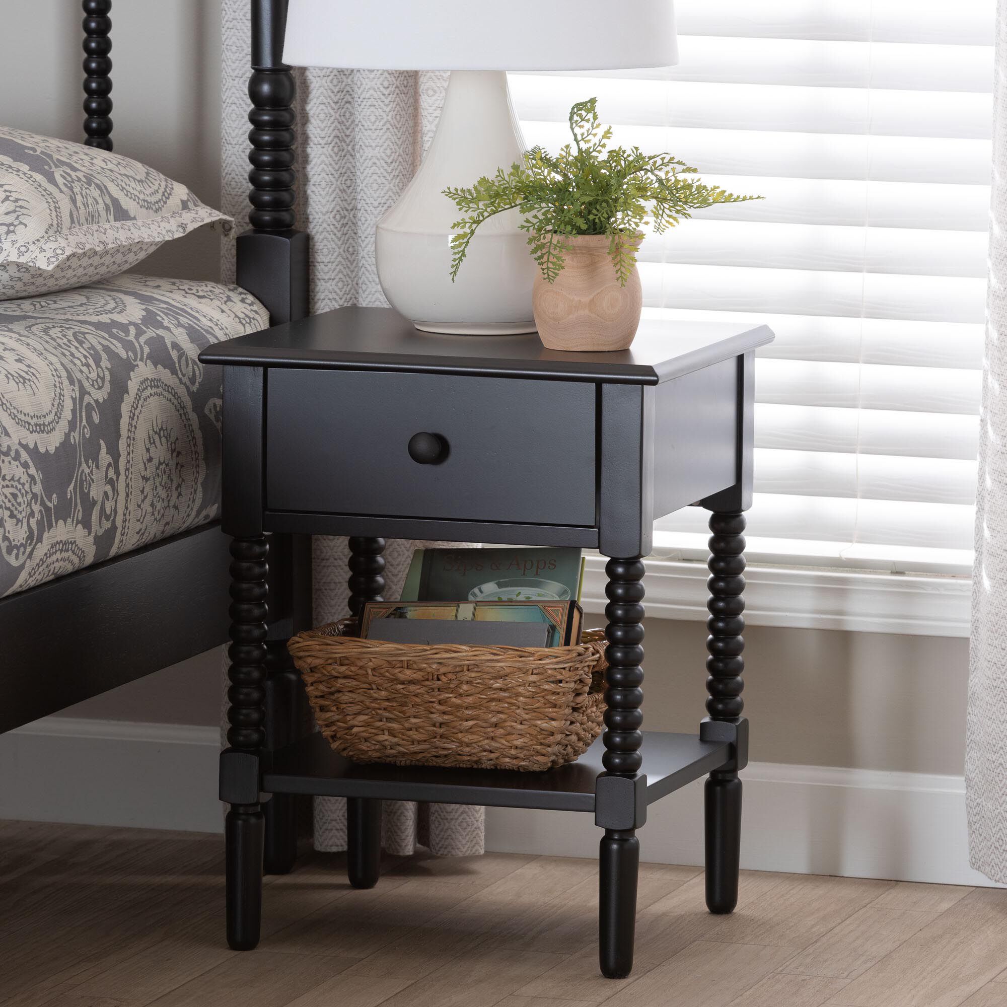 Baxton Studio Braith Farmhouse Black Spindle Wood 1-Drawer Nightstand, BLACK, hi-res image number 0