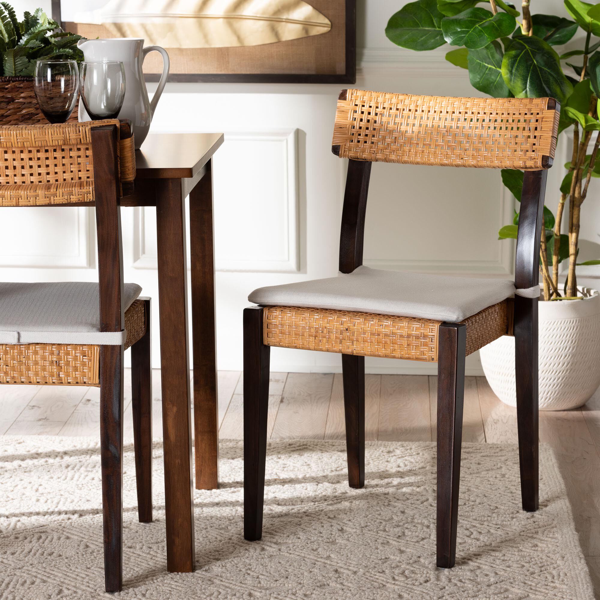 Zaila Bohemian Light Honey Rattan and Dark Brown Wood Dining Chair, HONEY, hi-res image number 0