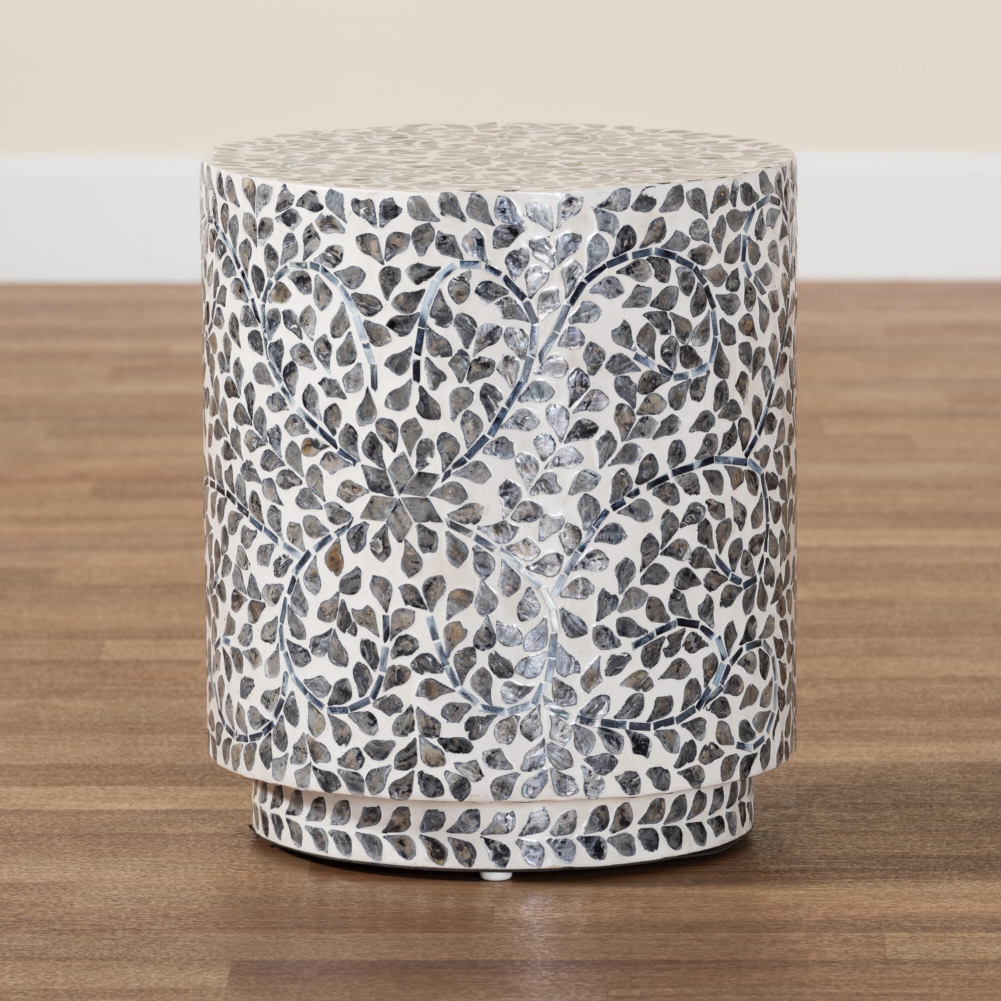 Marilla Coastal Black and White Mother of Pearl Capiz Shell Ottoman Footstool, MOSAIC, alternate image number 6
