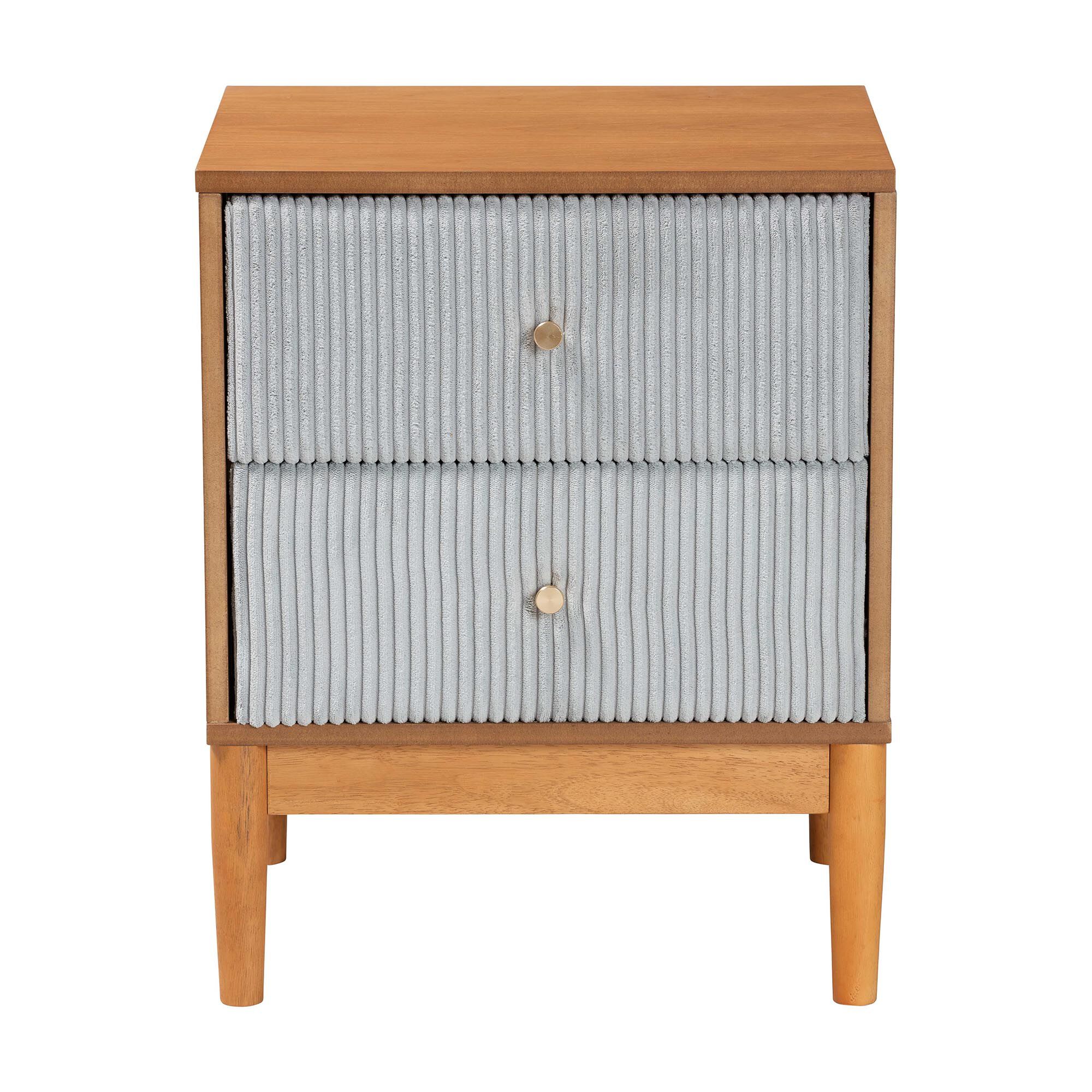 Front view grey corduroy and oak brown 2-drawer nightstand