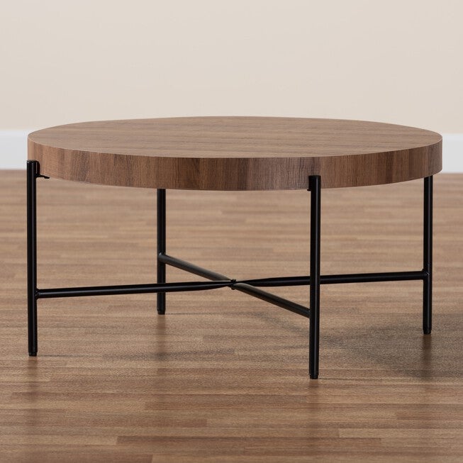 Umar Modern Industrial Walnut Brown Finished Wood And Black Metal Coffee Table, , alternate image number null