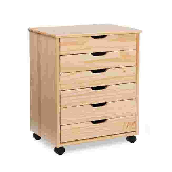 Light wood rolling storage cart with six drawers on a white background.