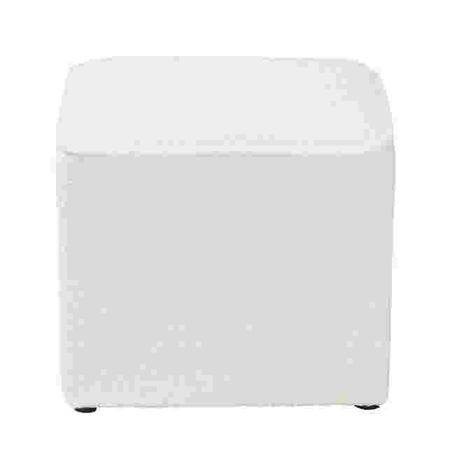 Ivory boucle upholstered ottoman with a square shape and black feet