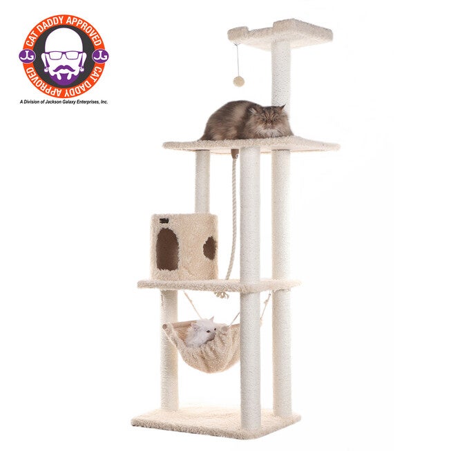 Real Wood 70 inches Ultra Thick Faux Fur Covered Cat Condo House, BEIGE, hi-res image number null