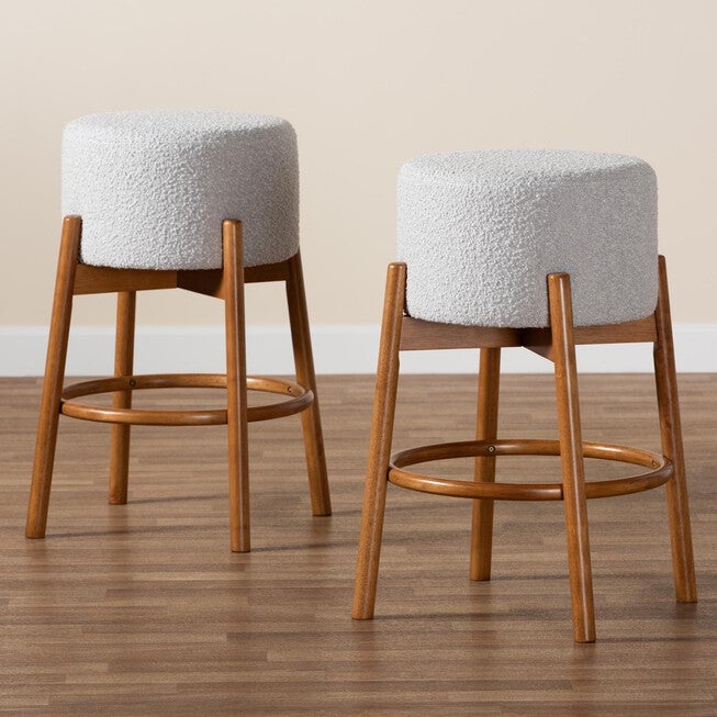Olwen Modern Japandi Light Grey Boucle Fabric And Walnut Brown Finished Wood 2-Piece Bar Stool Set, , alternate image number 4