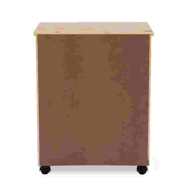 Back view of a light wood rolling storage cart with wheels.