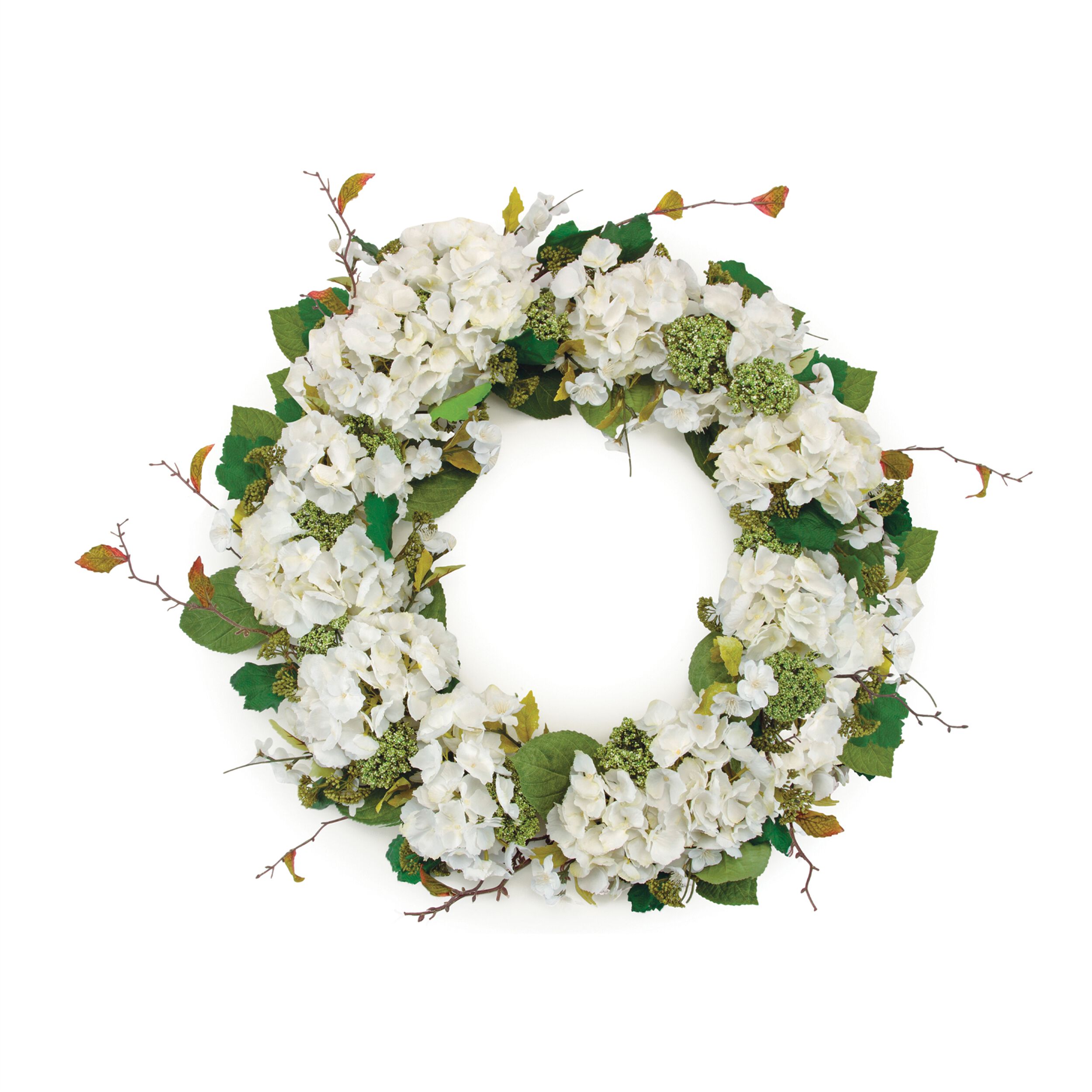 Hydrangea and Seedum Floral Wreath 32IND, WHITE GREEN, hi-res image number 0