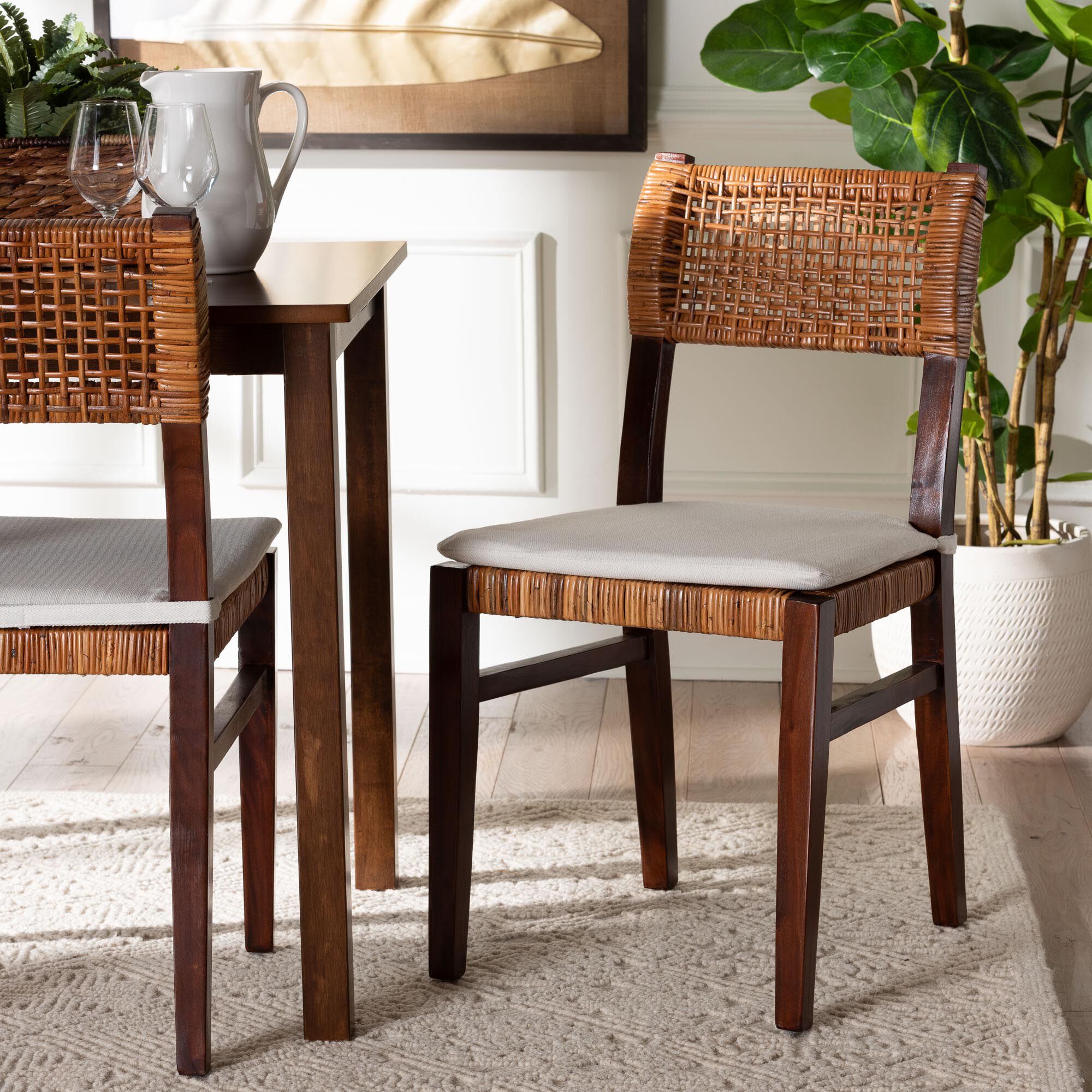 Dameka Bohemian Light Honey Rattan and Dark Brown Wood Dining Chair, HONEY, hi-res image number 0