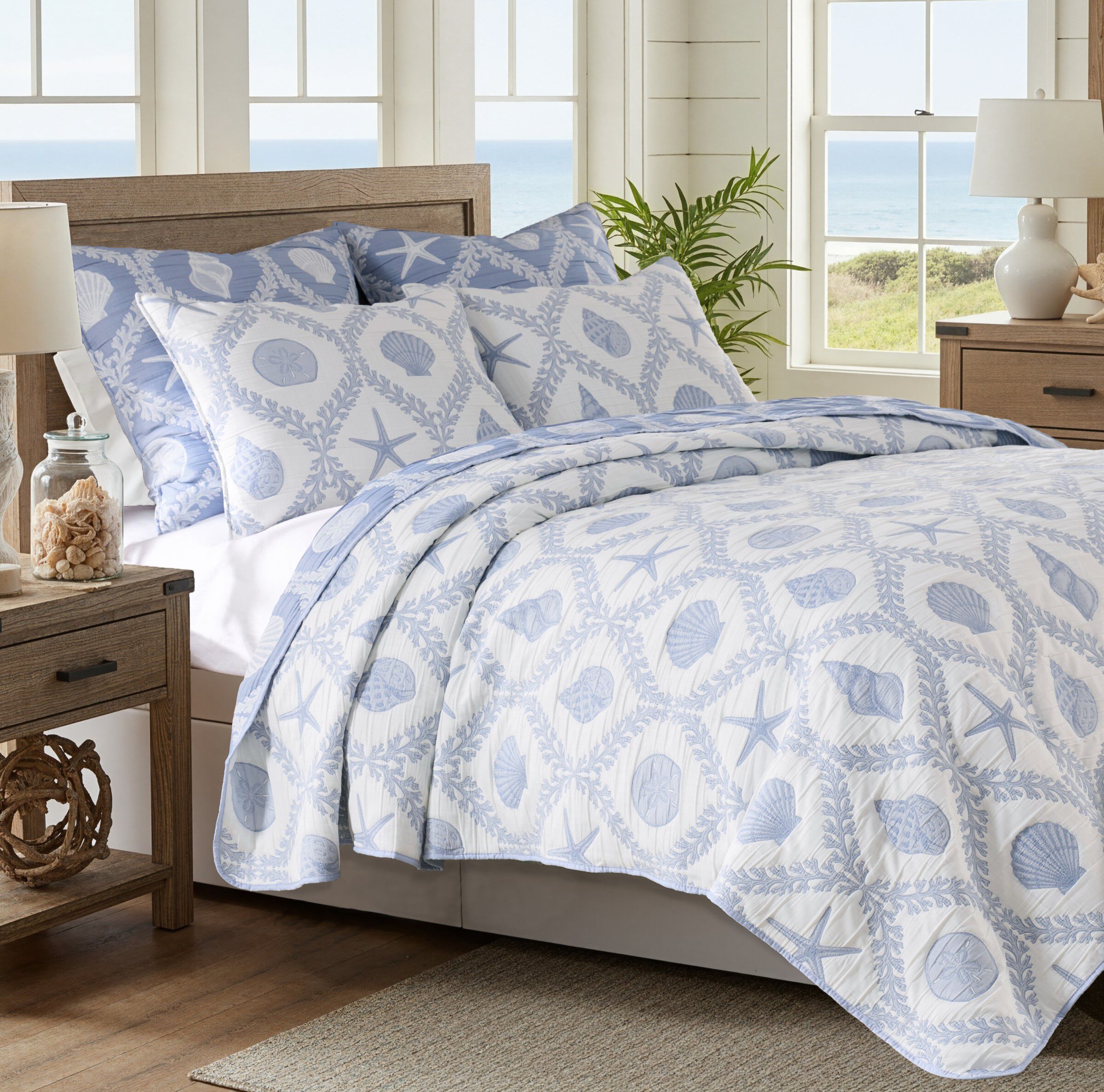 Laguna Seaside Coastal Seashell Ogee Reversible Coverlet Set, CHAMBRAY, alternate image number 1